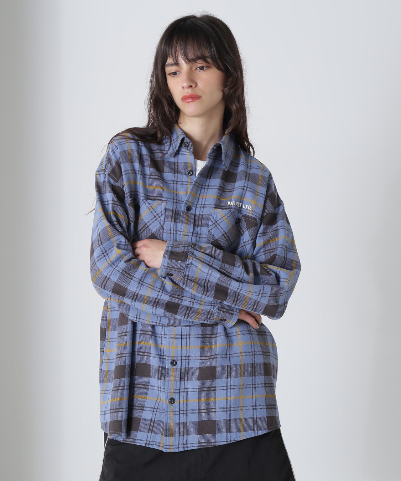 《直営店限定》COTTON WIDE CHECK EMB SHIRTS USAF/コットンワイドチェ