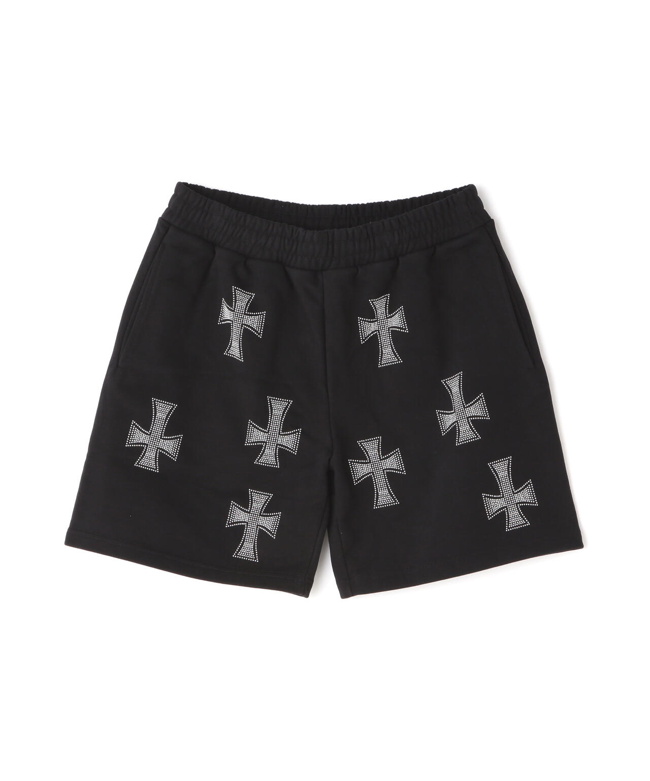 UNKNOWN LONDON/アンノウンロンドン/BLACK WITH WHITE CROSS RINESTONE SHORTS