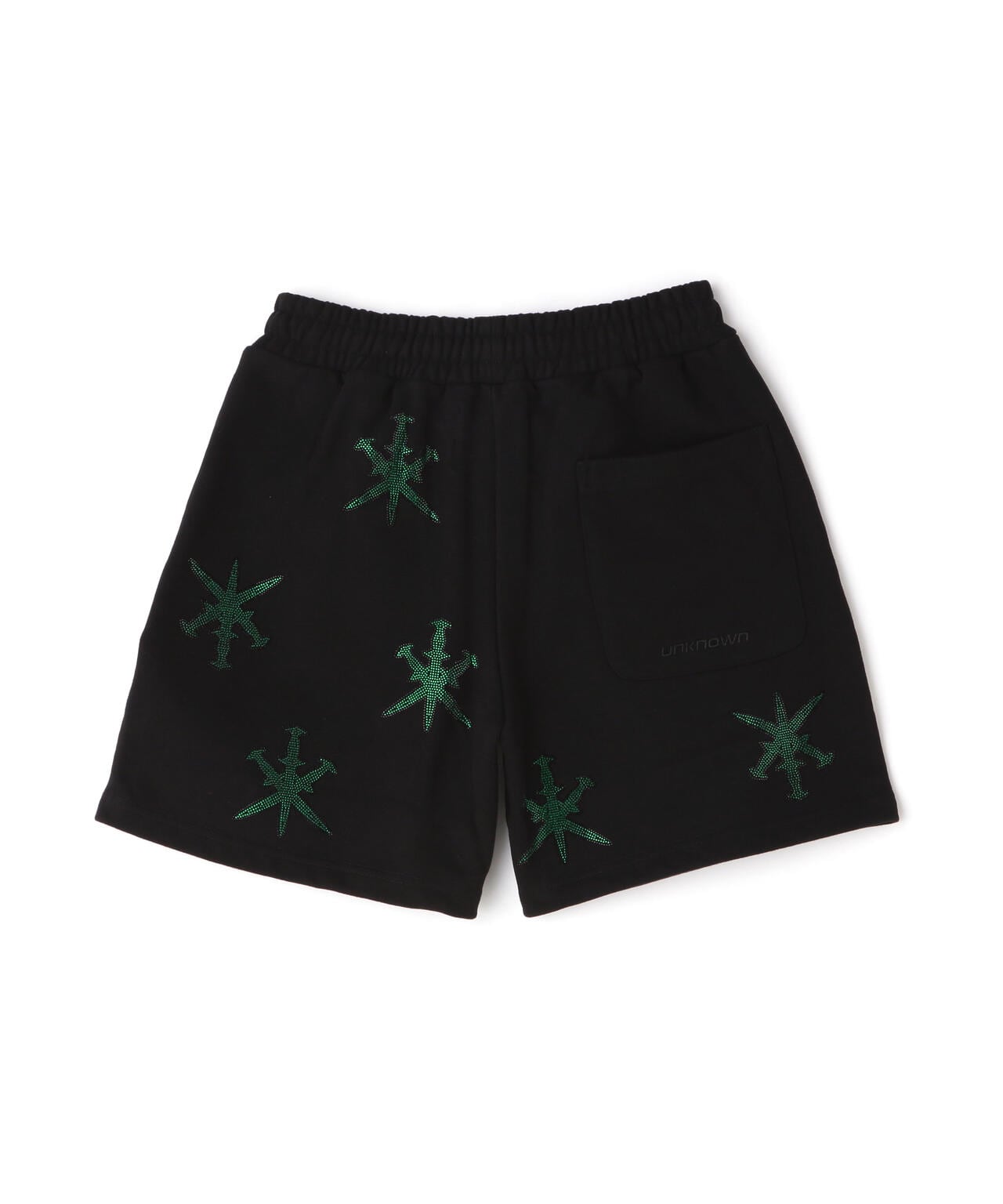 UNKNOWN LONDON/アンノウンロンドン/BLACK WITH GREEN GAGGER RINESTONE SHORTS