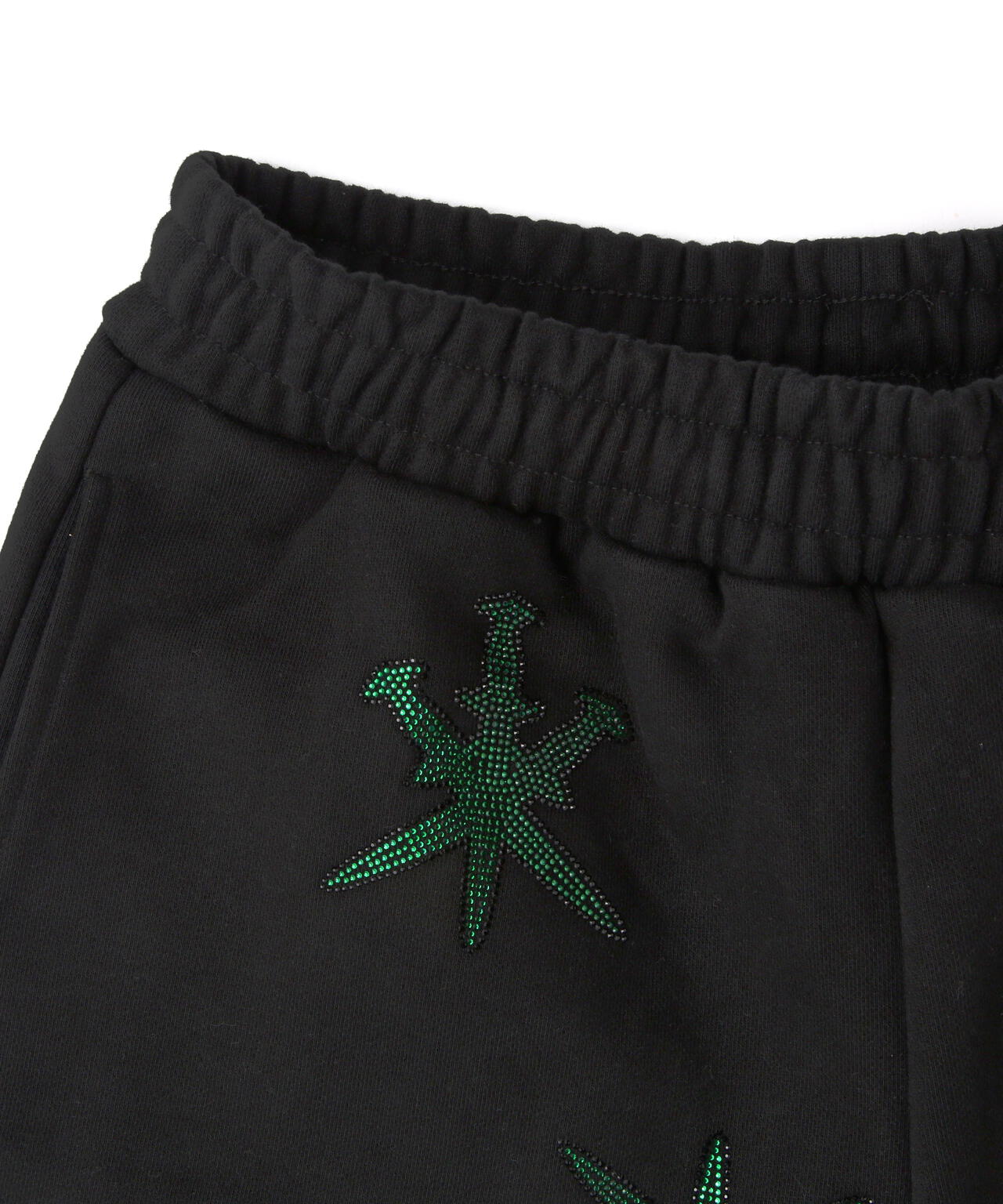 UNKNOWN LONDON/アンノウンロンドン/BLACK WITH GREEN GAGGER RINESTONE SHORTS