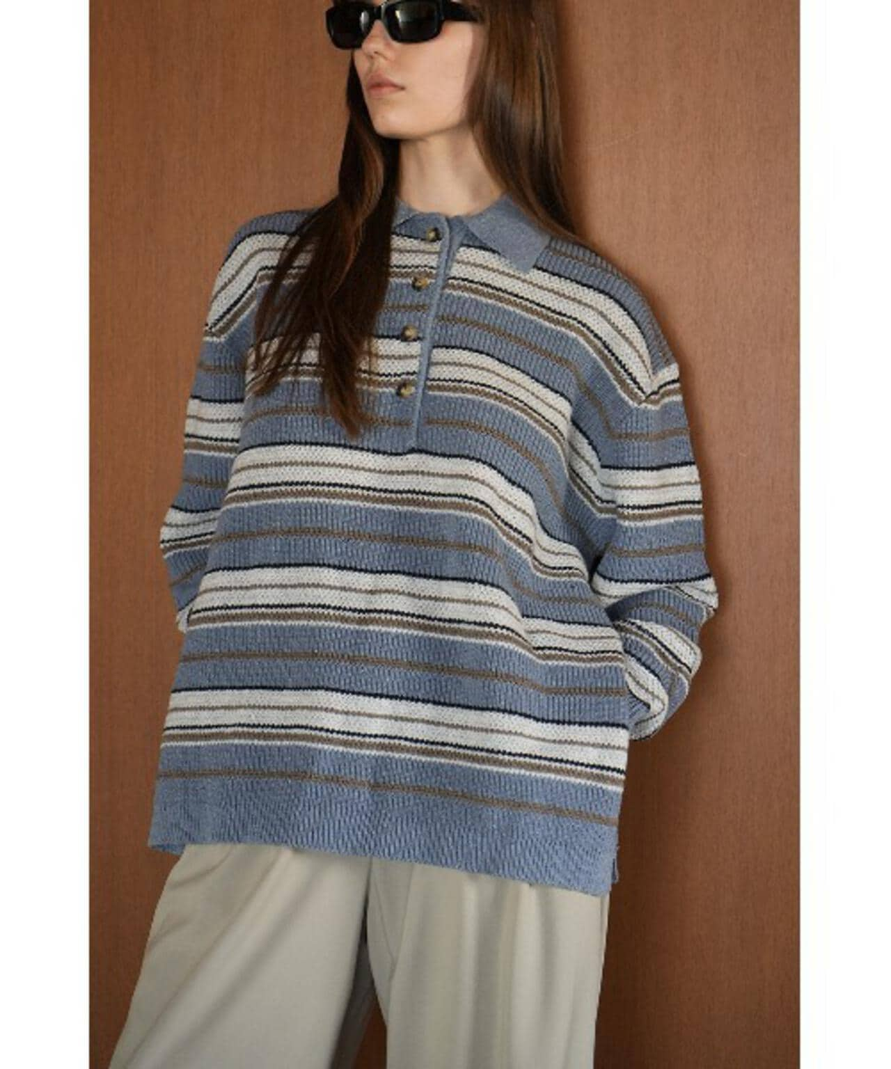 CLANE/クラネ/MULTI BORDER KNIT POLO TOPS