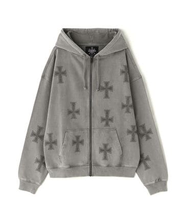 UNKNOWNLONDON/アンノウンロンドン/WASH GREY×BLACK CROSS ZIP HOODIE