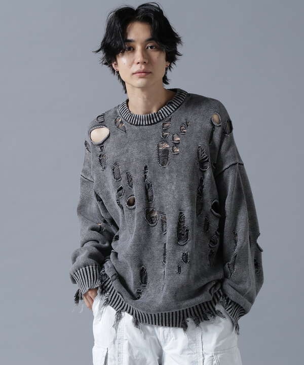 DankeSchon/ダンケシェーン/DAMAGE PIGMENT CREW NECK KNIT