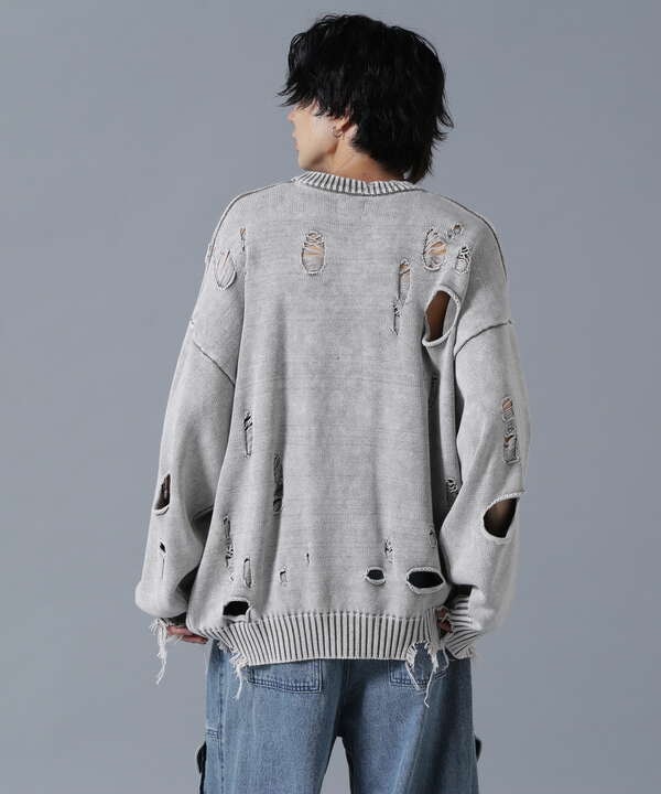 DankeSchon/ダンケシェーン/DAMAGE PIGMENT CREW NECK KNIT