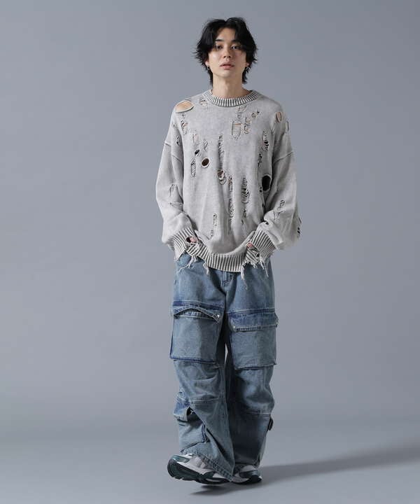 DankeSchon/ダンケシェーン/DAMAGE PIGMENT CREW NECK KNIT