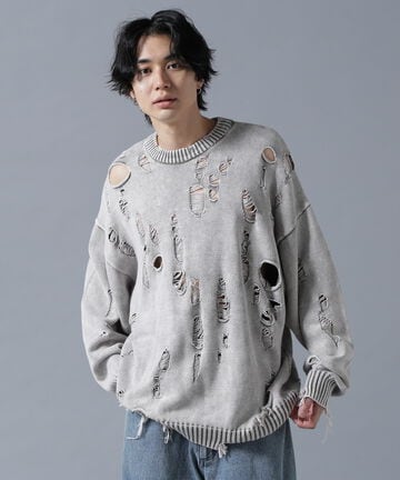 DankeSchon/ダンケシェーン/DAMAGE PIGMENT CREW NECK KNIT