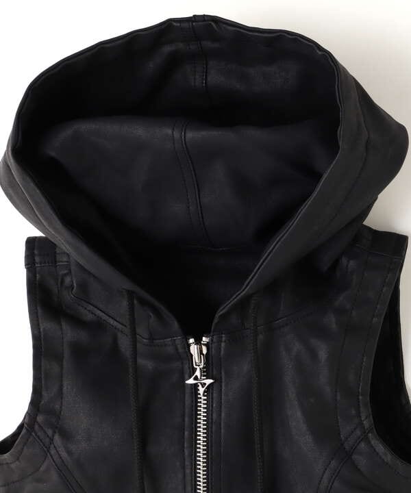 BLR BLUER/ビーエルアール ブラー/LEATHER HOODED CROP VEST