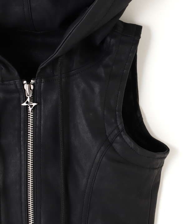 BLR BLUER/ビーエルアール ブラー/LEATHER HOODED CROP VEST