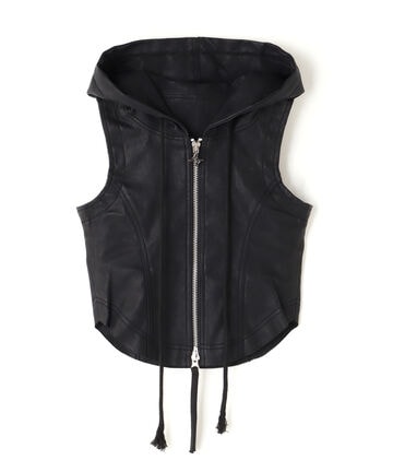 BLR BLUER/ビーエルアール ブラー/LEATHER HOODED CROP VEST