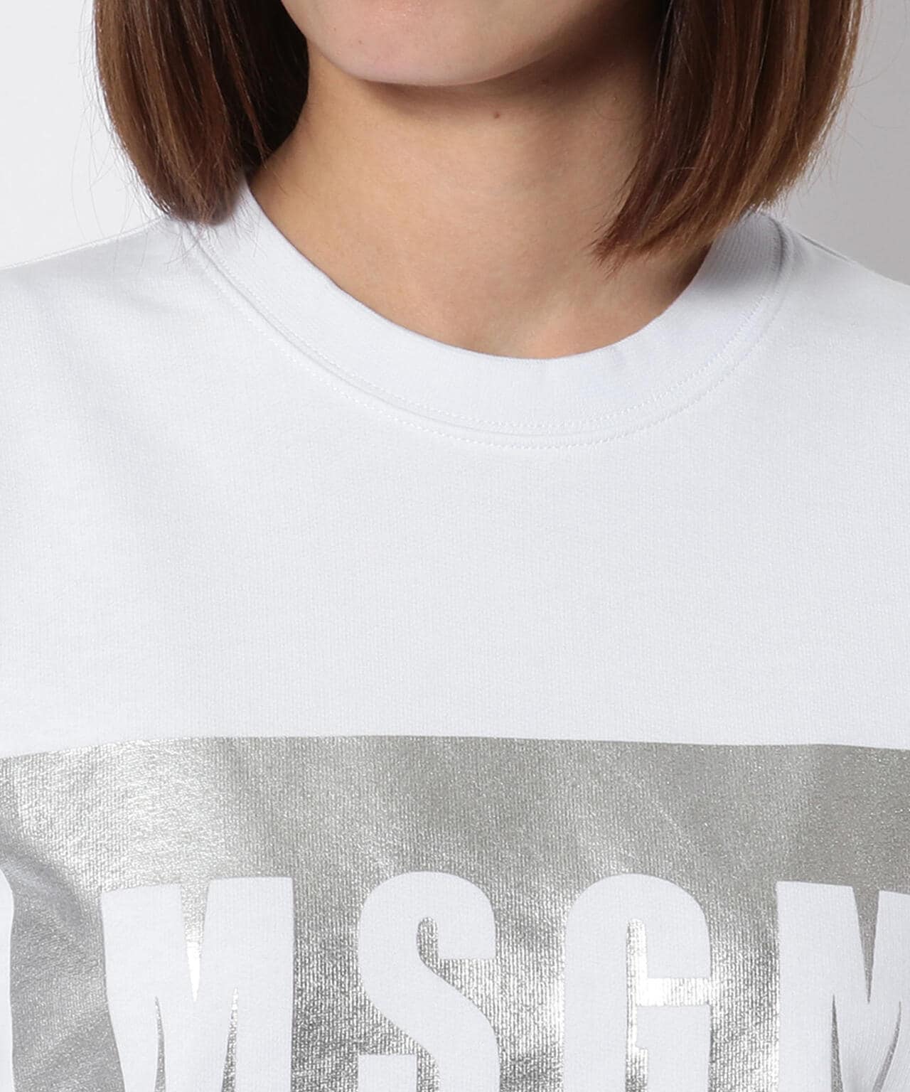 直営MSGM ボックスロゴTシャツ ホワイト×シルバー レディース Tシャツ(半袖/袖なし)