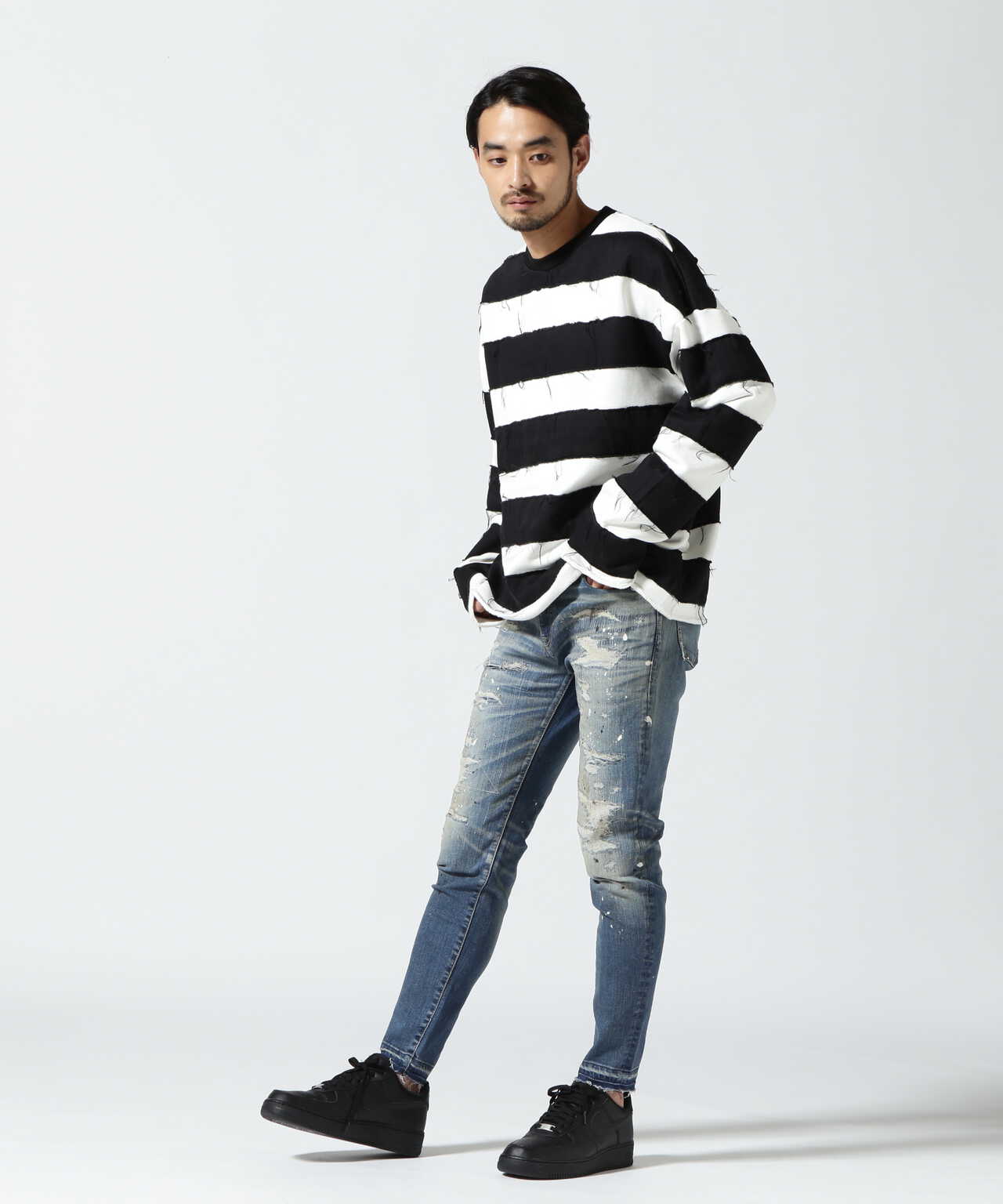 MINEDENIM（マインデニム）Bold Denim Border Crew neck Pullover | B 