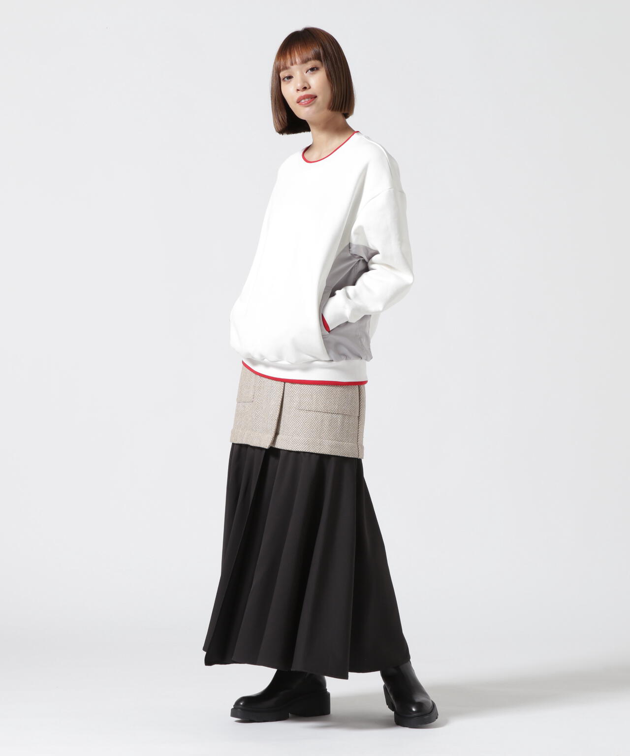 RISLEY ロング スカート 変形 マーメイド風 ヘリンボーン柄 白×黒サイズ…寸法ご確認下さい