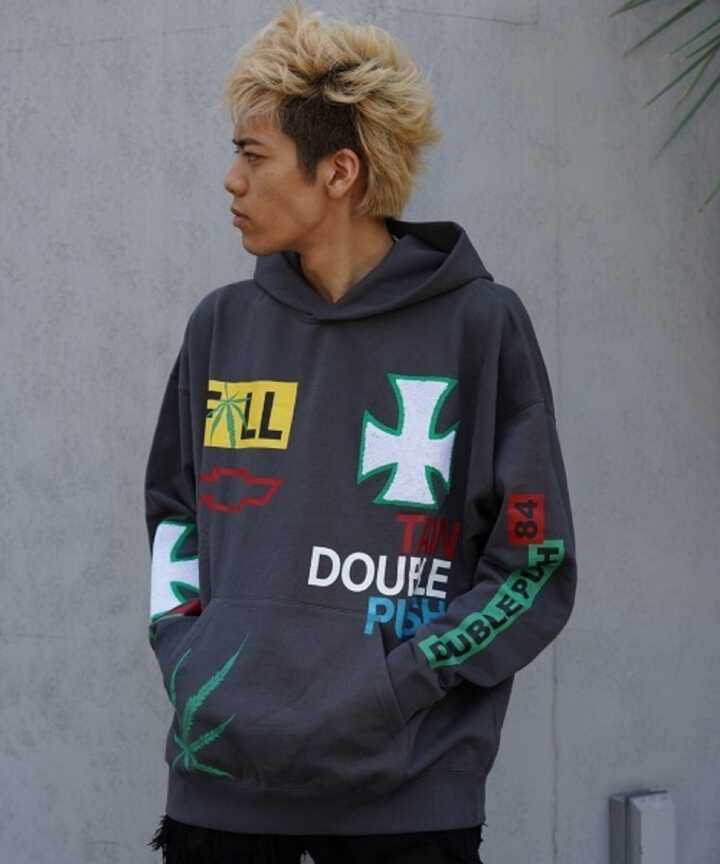 TAIN DOUBLE PUSH/T CROSS EMBROIDERY P/O HOODIE