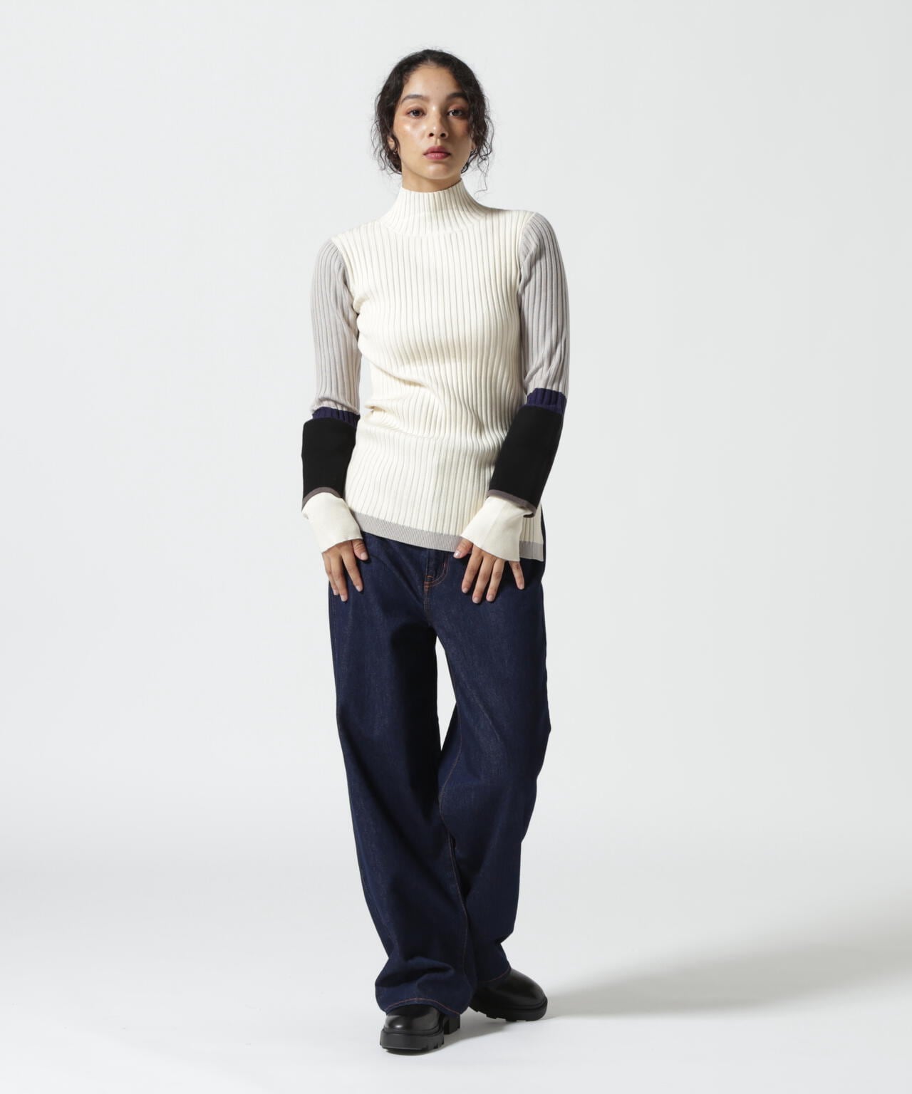 AULA AILA/アウラアイラ/COLOR BLOCK SLEEVE RIB KNIT