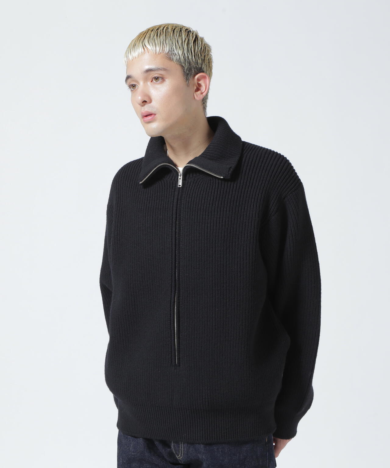 YOKE 3/4 FRONT ZIP HIGHNECK RIB SWEATERネックタートルネック