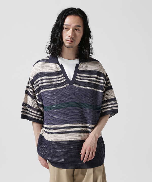 YOKE/ヨーク/BORDER MESH KNIT SKIPPER POLO SHIRT