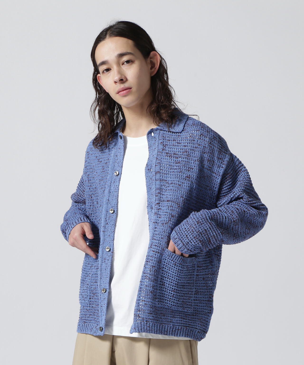 新品未使用ですyoke/mesh knitted buttoned cardigan