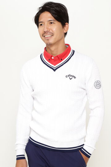Vネック撥水ケーブルニット (MENS)