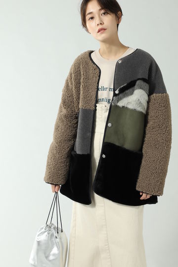 パッチワーク風ボアジャケット