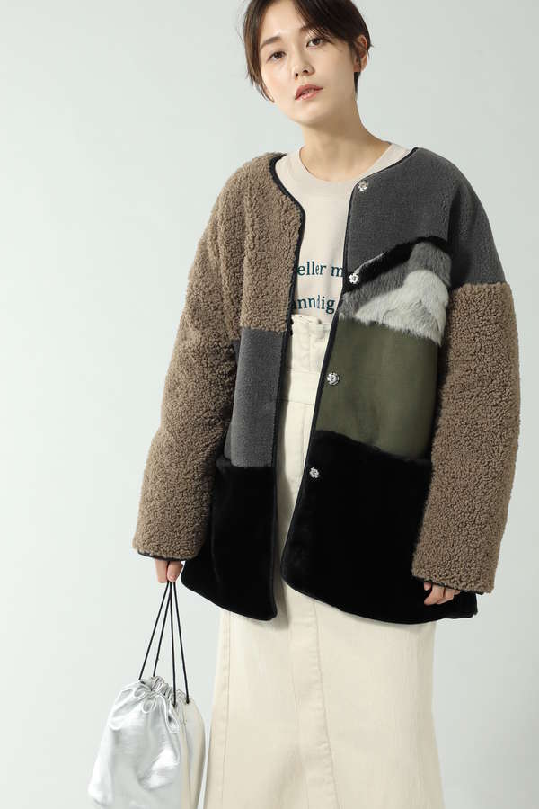 Rose Bud パッチワーク風ボアジャケット ブラック ベージュ 公式通販 レディースファッションのrose Bud Online Store